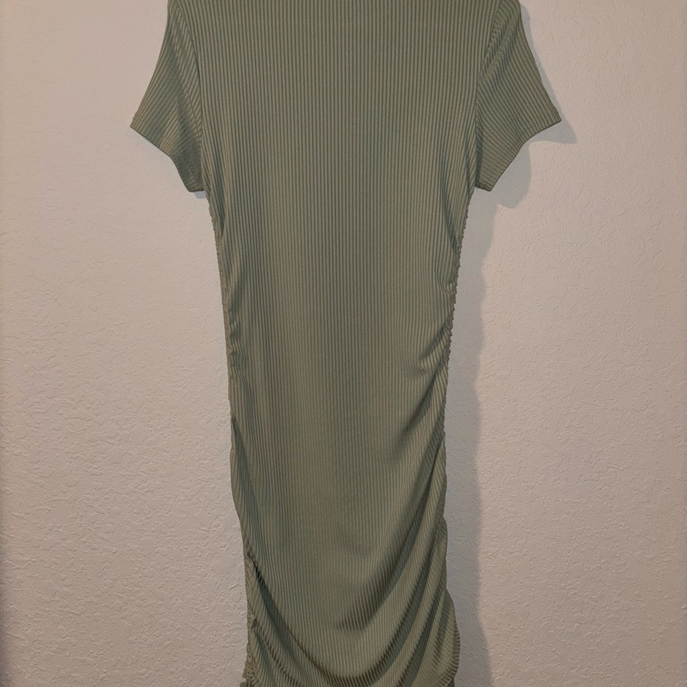 Olive Green Ribbed Ruched Bodycon Mini Dress - Picture 2 of 4